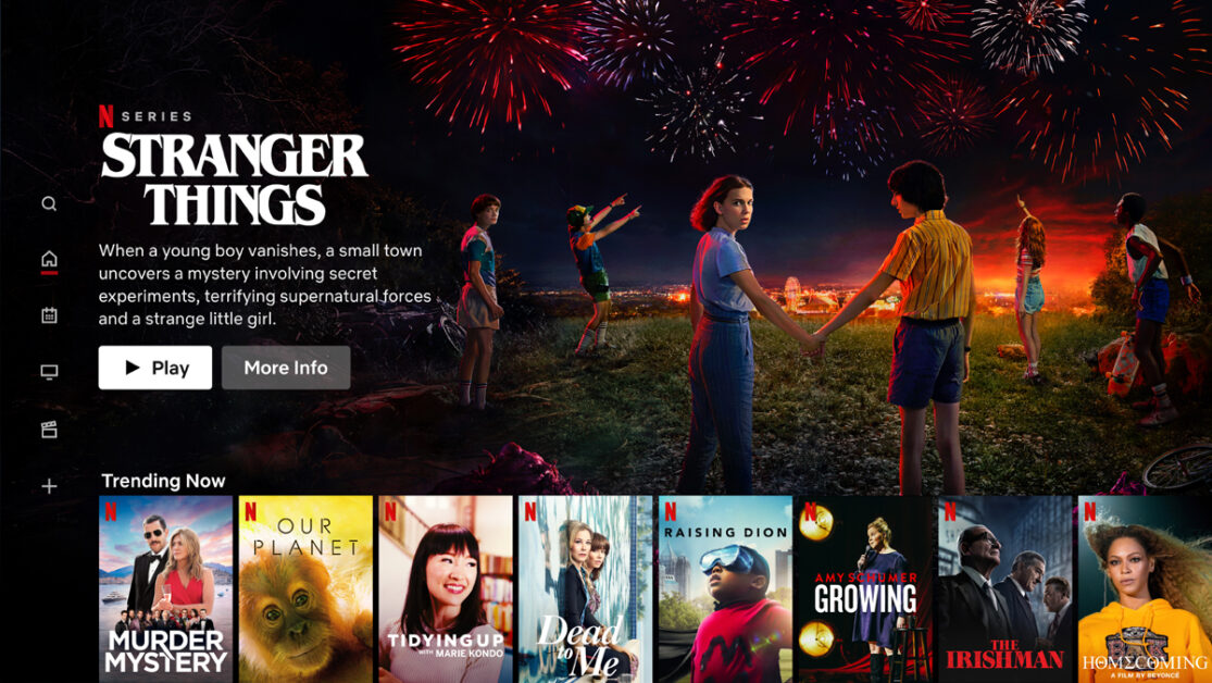 The Netflix main menu, displaying a banner with an ad for Stranger Things.
