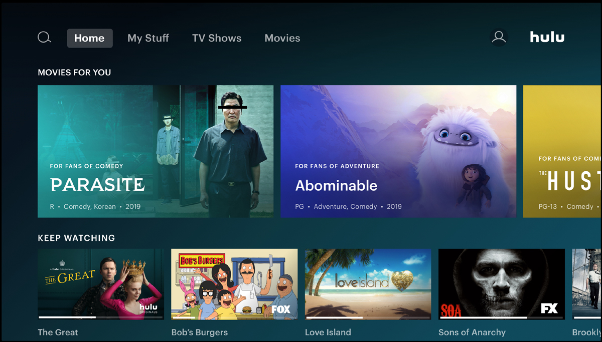 Hulu + Live TV home screen.