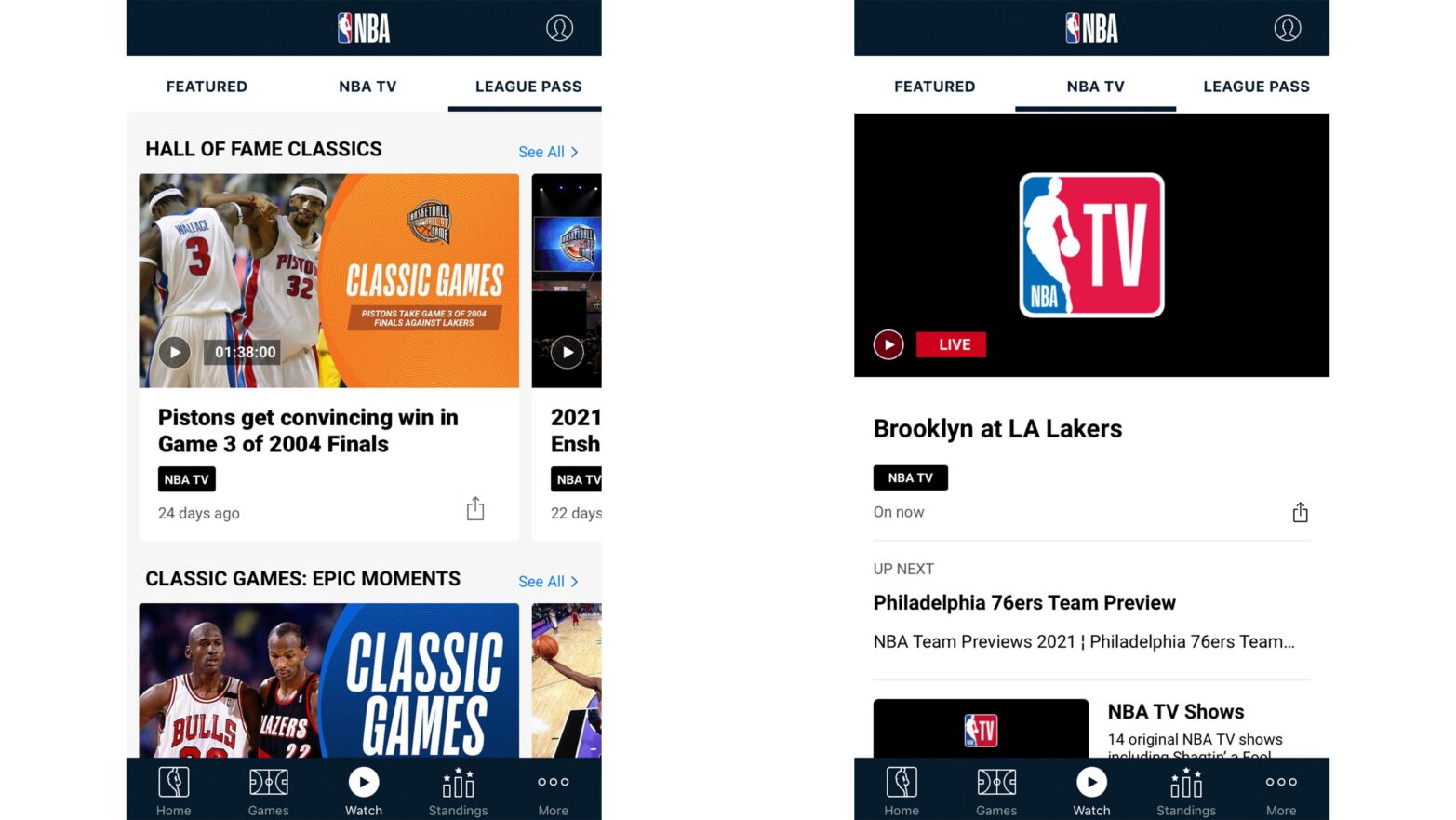A side-by-side view of the NBA League Pass and NBA TV tabs in the NBA mobile app.