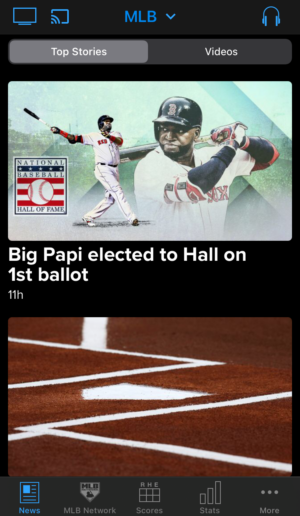 The MLB mobile app’s news tab displaying top stories.