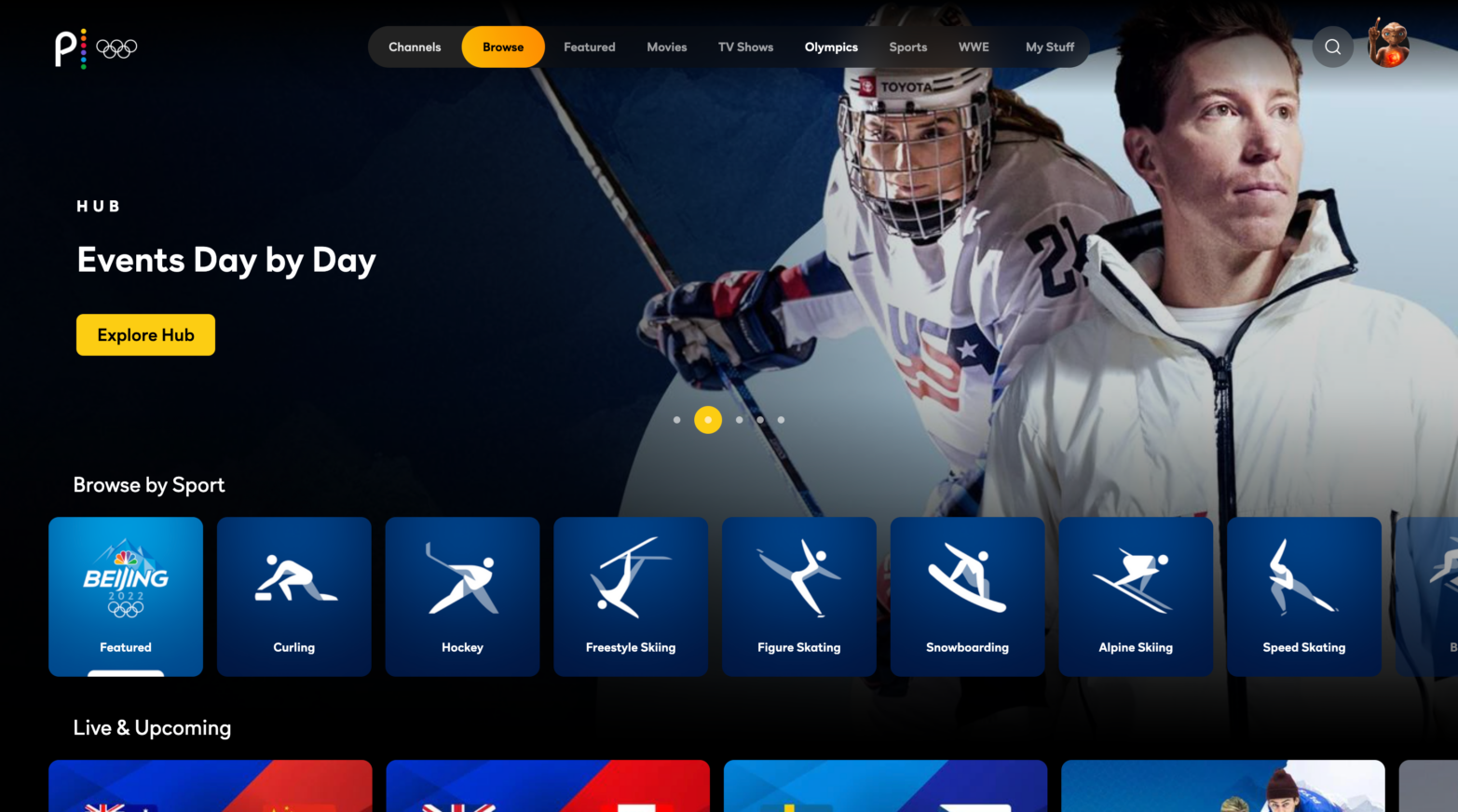 Peacock’s Olympics tab displays options for browsing every Olympic sport.