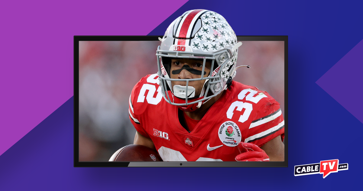 An image of a Rose Bowl Game player framed by a flatscreen TV graphic.