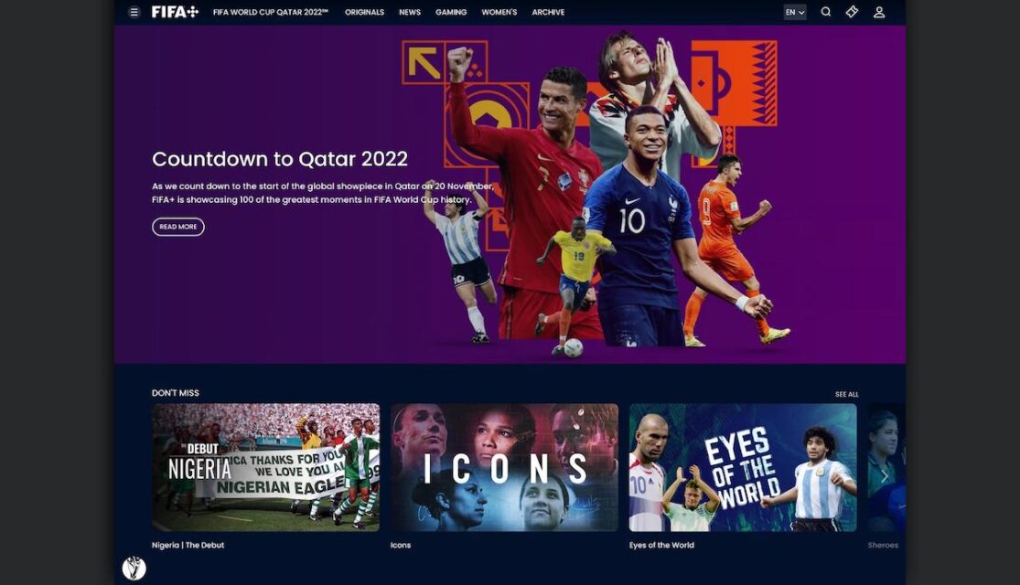 The FIFA Plus Home page features a navigation bar at the top, followed by a Countdown to Qatar 2022 banner and rows of on-demand video content.