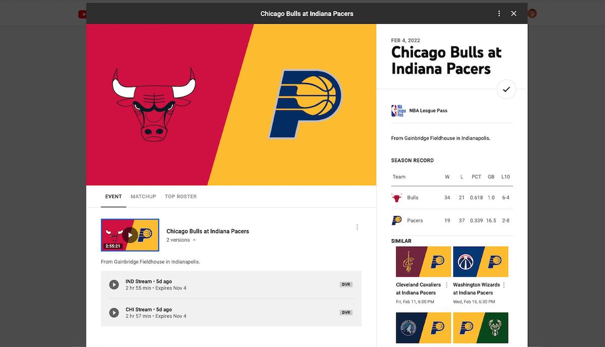 The YouTube TV Game Page for a Chicago Bulls at Indiana Pacers matchup displays both teams’ season records and DVR options.