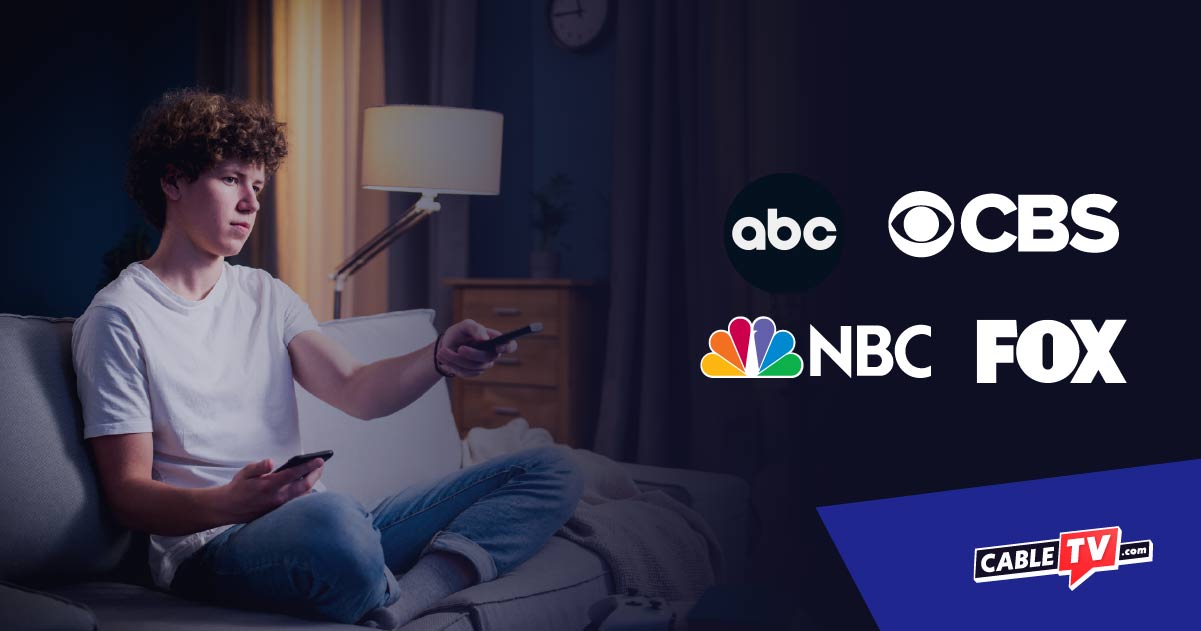 Local channel logos accompany an image of a boy watching TV.