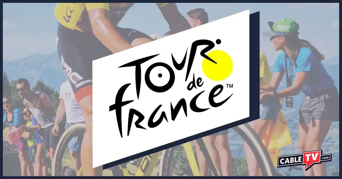 Tour de France logo over image of fans cheering for cyclists.