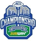 The ACC championship game logo, text embossed over an image of the charlotte skyline. 