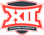 Logo for the big 12 championship game. A Roman script 12 (XII) against a black and orange pennant. 