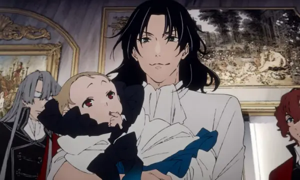 A long-haired anime vampire holding a baby.