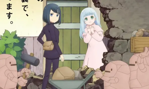 Two anime girls watch little rock creatures fix a hole in a wall.