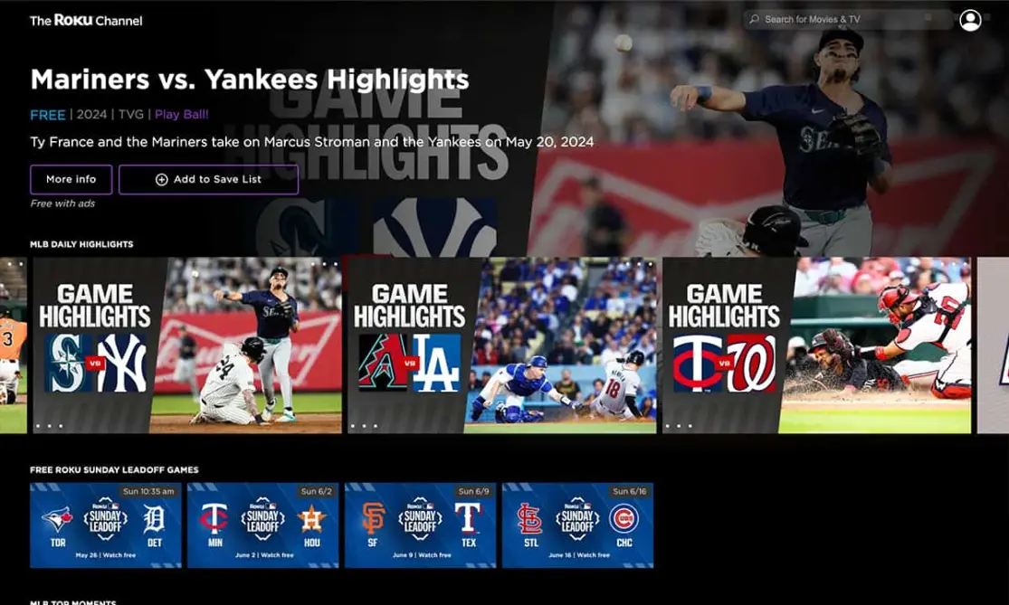 The Roku Channel’s MLB Sunday Leadoff page displays rows of featured highlights and games.