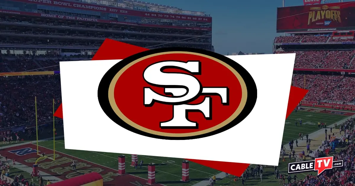 San Francisco 49ers logo over image of Levi's Stadium.