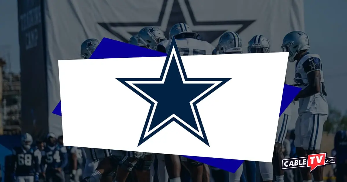 Dallas Cowboys logo over image of Cowboys training camp.