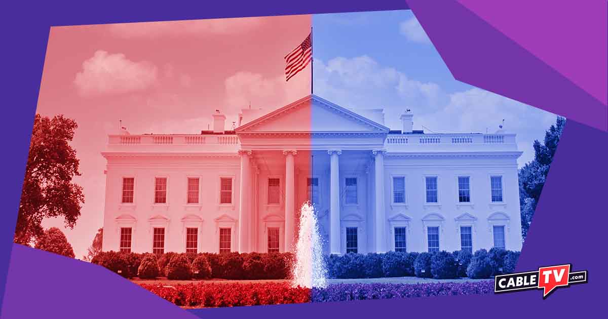 White House outlined in geometric shapes and bright colors.