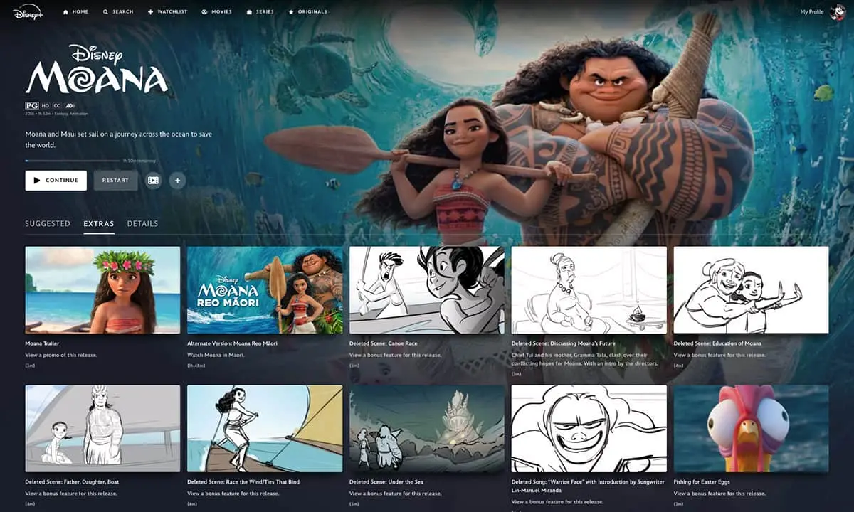 The Extras tab for Moana on Disney+ displays rows of bonus content.