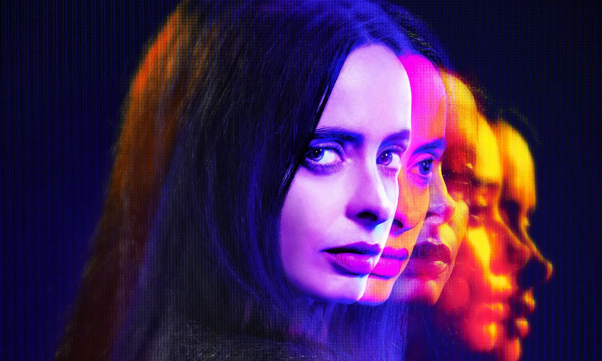 A woman looking into the camera with purple, pink, and yellow light. Copies of herself repeat into the background.