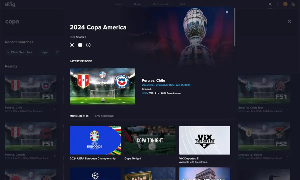 The 2024 Copa America show page on Sling TV.
