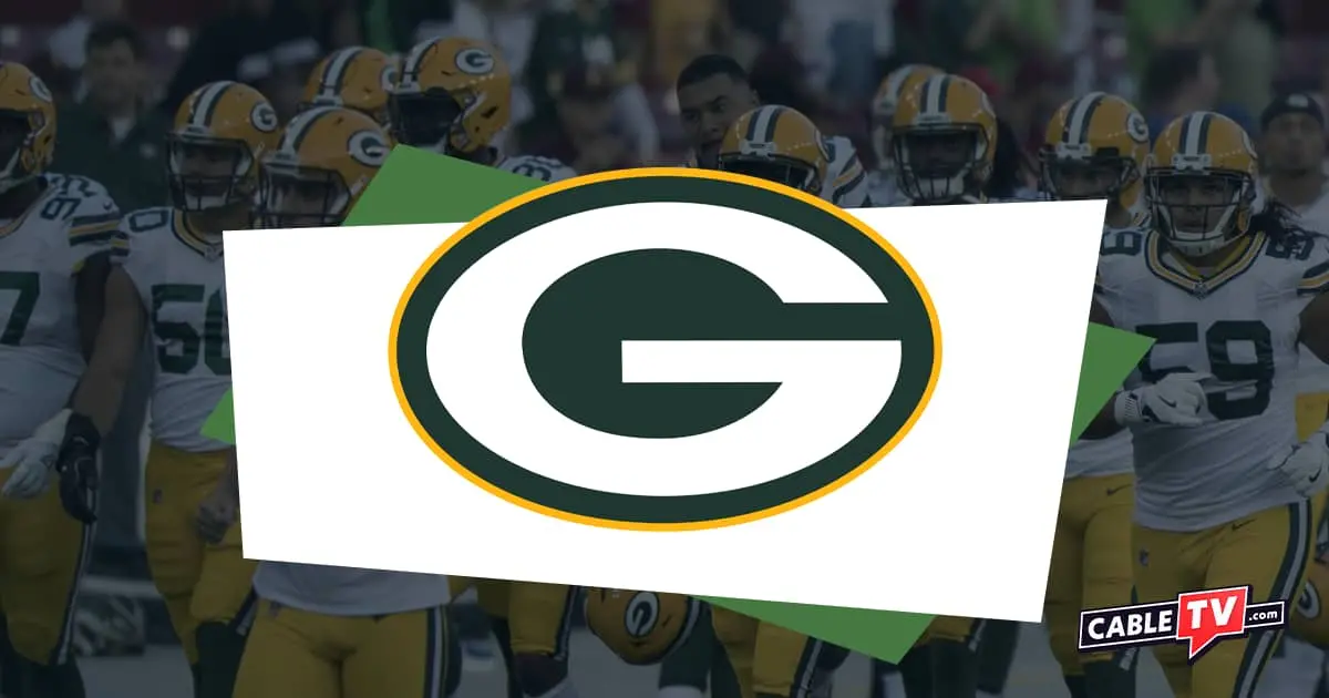 Green Bay Packers logo over image of Packers players.