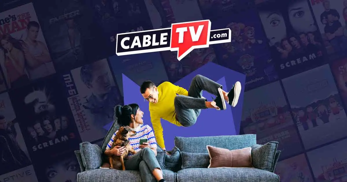 male in yellow sweater jumping on couch with cabletv.com logo