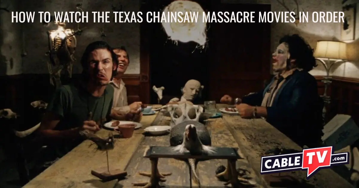 Image of the dinner table scene from The Texas Chain Saw Massacre (1974) showing the Sawyer family laughing and mocking Sally Hardesty (not shown).
