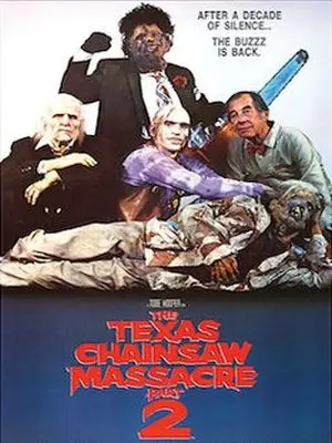 The movie poster for The Texas Chainsaw Massacre 2 (1986) shows the Sawyer family posing for a family photo.