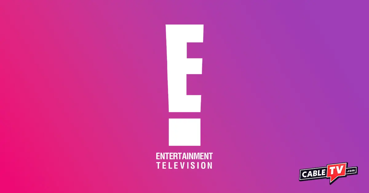 E! Entertainment Television channel logo on pink gradient background.