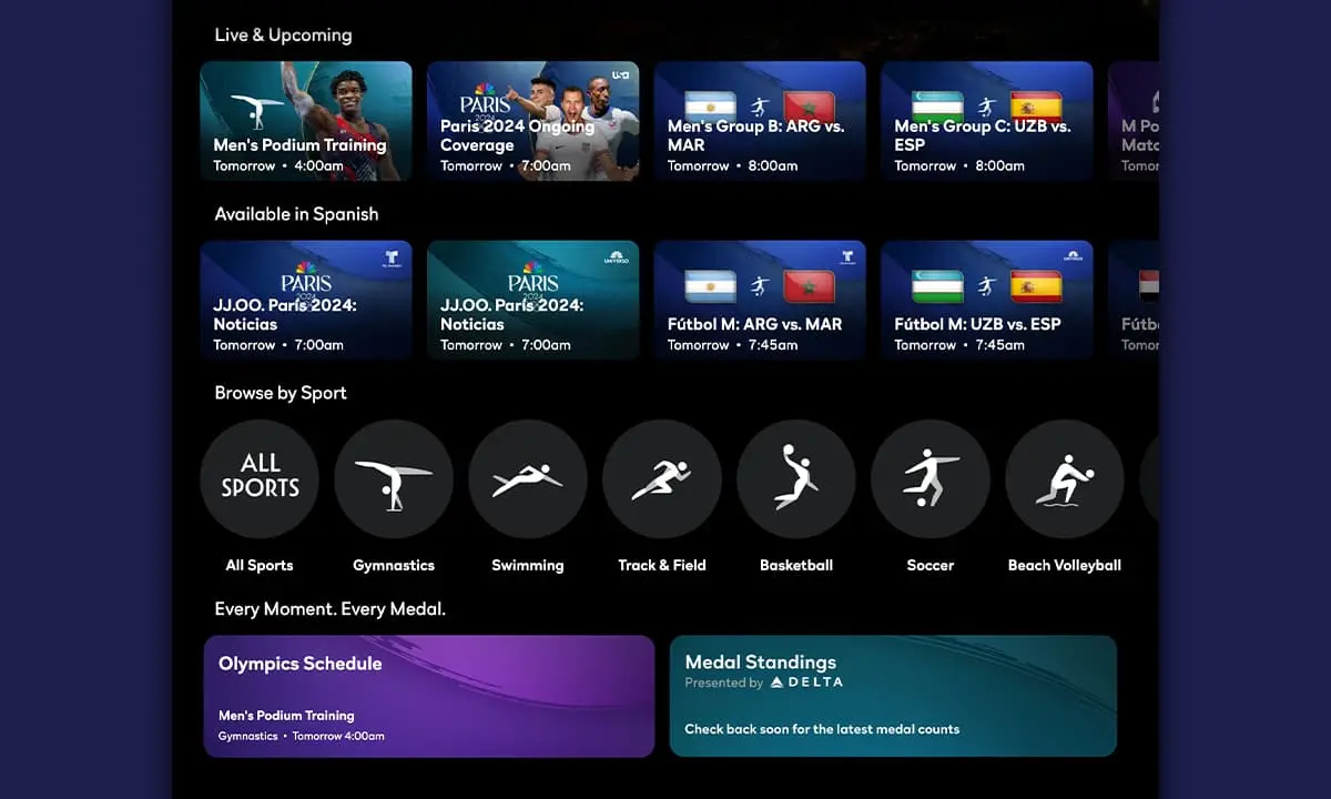 The temporary Olympics tab on Peacock displays rows of live and upcoming content.