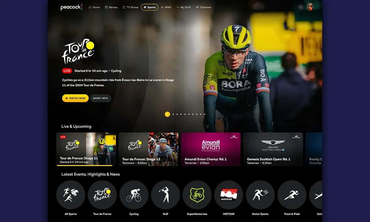 Peacock’s Sports tab displays live and upcoming events alongside rows of on-demand content.