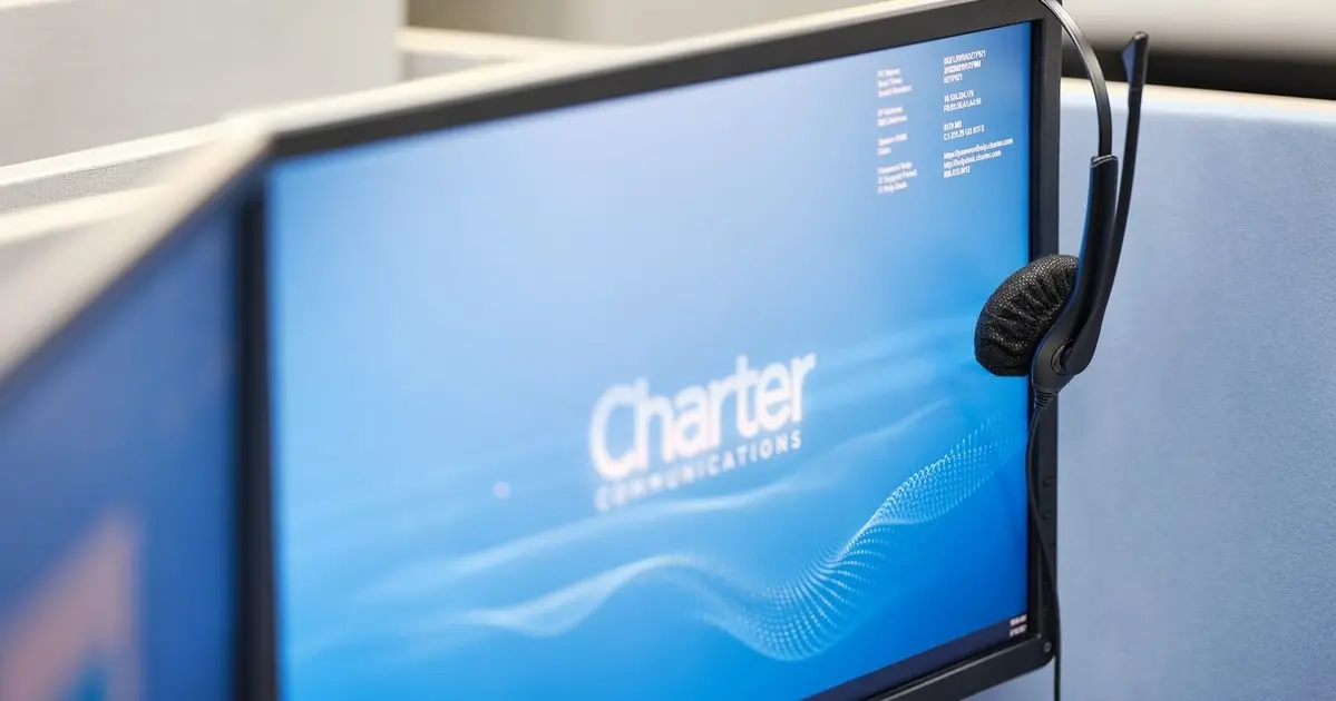 A computer monitor screen with the words "Charter Communications" on it, with headphones hanging off the side of the monitor.