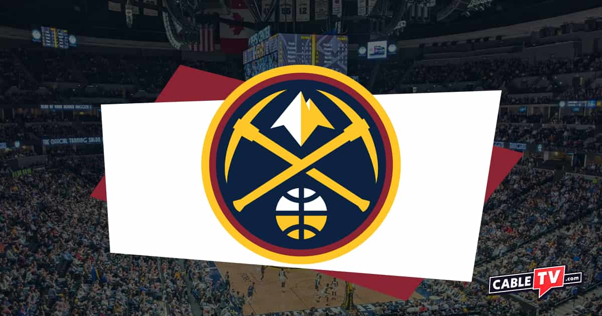 Denver Nuggets logo over image of Ball Arena.