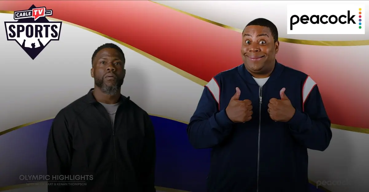 An image showing comedians Kevin Hart and Kenan Thompson promoting their show Olympic Highlights with Kevin Hart and Kenan Thompson, streaming on Peacock during the 2024 Summer Olympics.