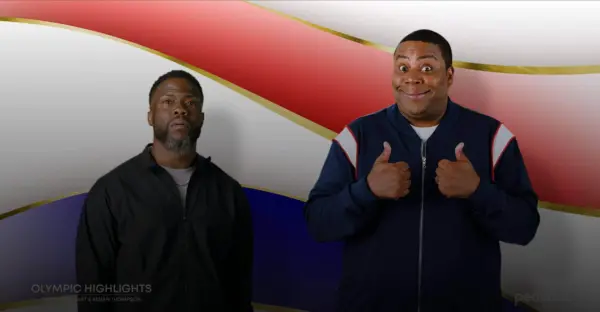 An image showing comedians Kevin Hart and Kenan Thompson promoting their show Olympic Highlights with Kevin Hart and Kenan Thompson, streaming on Peacock during the 2024 Summer Olympics.