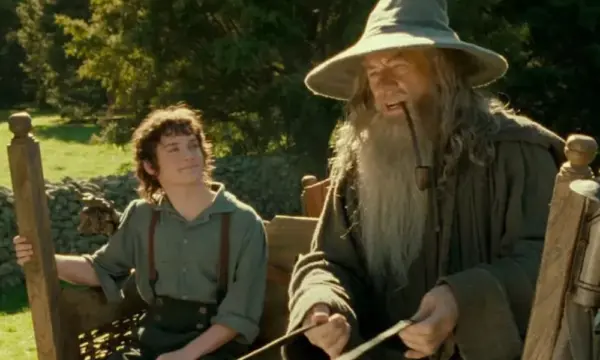 Frodo, a hobbit, and Gandalf, a wizard in a grey hat, ride in a cart together.