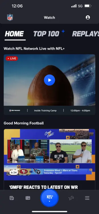 The NFL App’s live TV hub displays live games or NFL Network shows