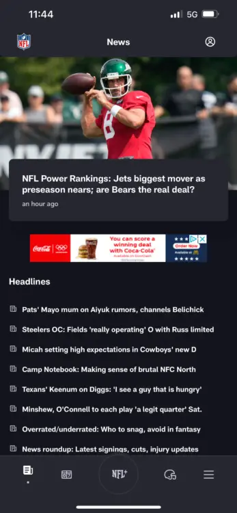 The NFL App’s News hub lists recent stories from across the league