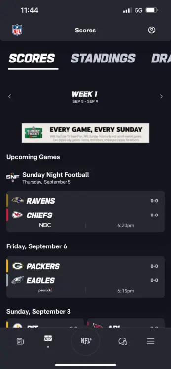 The NFL App’s Scores hub displays past and upcoming game stats