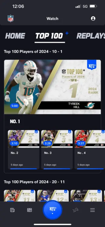 The NFL App’s top 100 hub displays all videos of the top 100 athletes of 2023