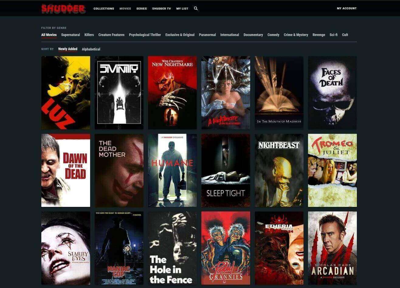 Image of the Shudder movies page, showing three rows of six movies each, including Luz, Faces of Death, A Nightmare on Elm Street, and more