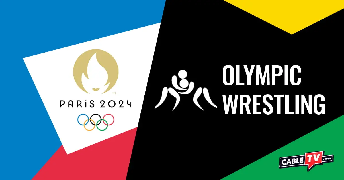 Paris 2024 logo alongside Olympic wrestling pictograph.