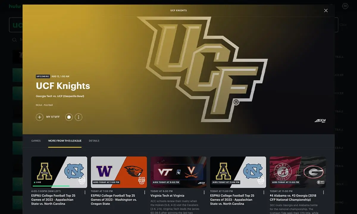 UCF Knights football team page on Hulu displays upcoming games from the league.