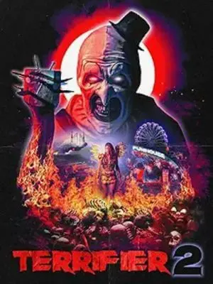 The Terrifier 2 movie poster shows a leering clown with glowing eyes over a collage of flames and other images from the film.