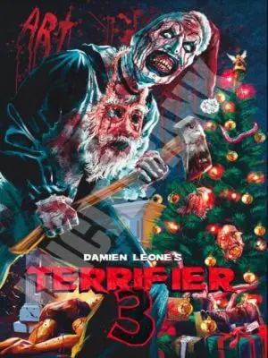 The Terrifier 3 movie poster shows a killer clown wearing Santa Claus's face in front of a Christmas tree.