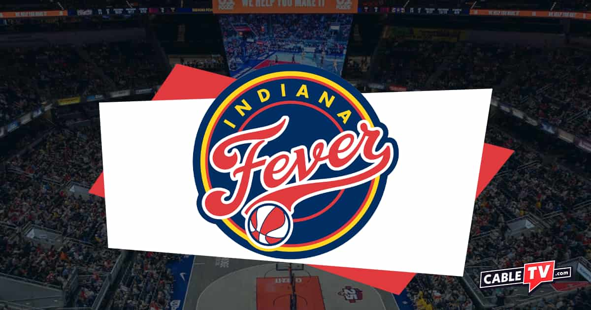 Indiana Fever logo over an image of Gainbridge Fieldhouse.