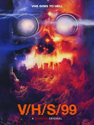 The V/H/S/99 poster art shows a with glowing eyes over a burning cityscape. The film is covered in How to Watch the V/H/S Movies in Order.